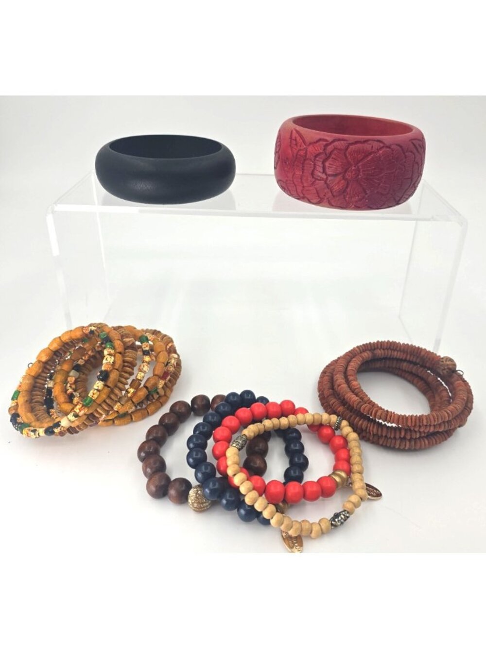 Lot of 8 Wood Bracelets Boho Bangle Stretch Beaded Wrap Bracelet Hippie Festival